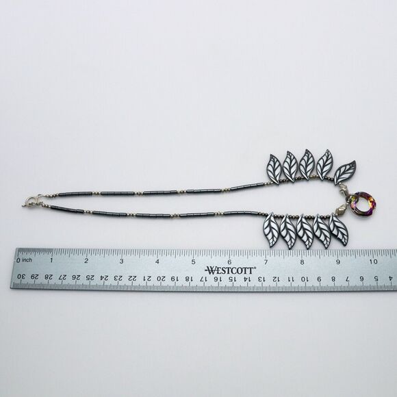 Vintage 925 Artisan Leaf Bib Necklace | Iridescent Crystal & Hematite | 19” - Picture 12 of 12